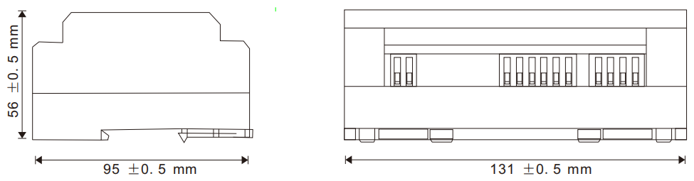产品结构尺寸图：56 × 95 × 131 mm，35mm DIN 导轨安装